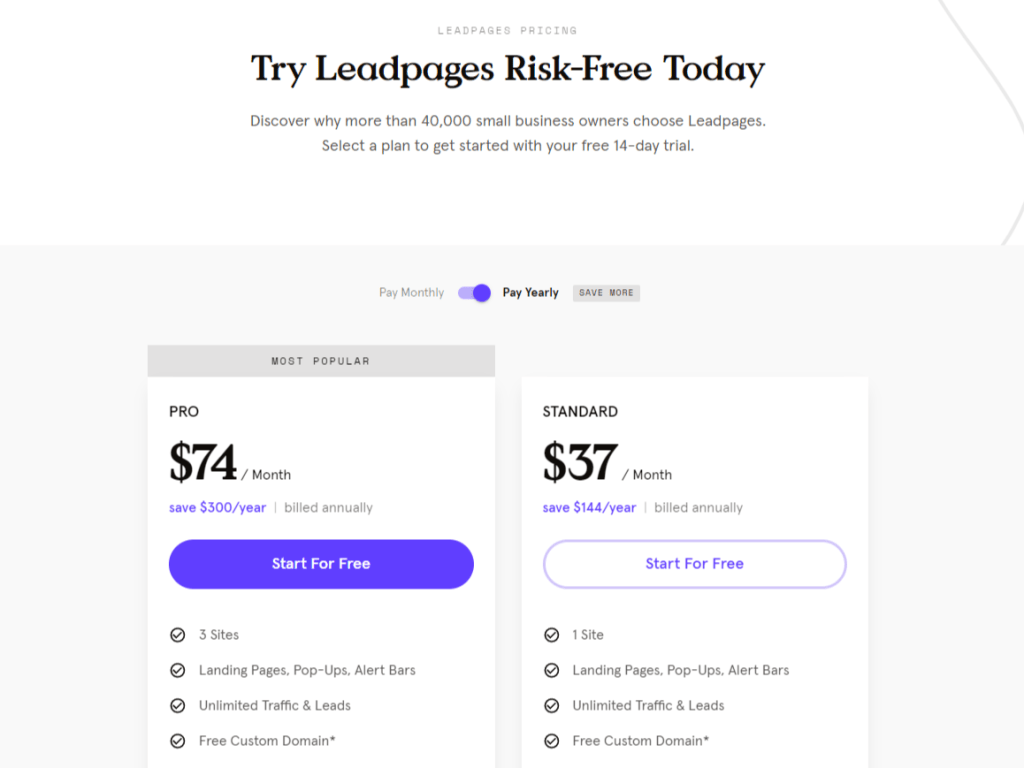 7 สุดยอดผู้สร้างหน้า Landing Page ของ WordPress 2022 (+ทดลองใช้ฟรี) 13 Leadpages pricing